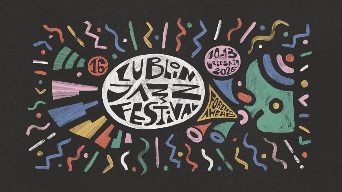 A colorful, hand-drawn graphic advertisement for the Lublin Jazz Festival, featuring the festival name in a central white circle, surrounded by playful shapes and text for dates and slogan.